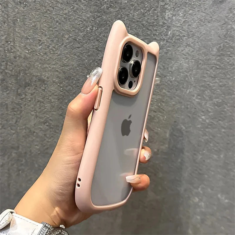 Cute 3D Cat Ear Kawaii Transparent Case For iPhone 16 15 14 13 12 Pro 11 Max Candy Color Shockproof Acrylic Clear Hard Cover