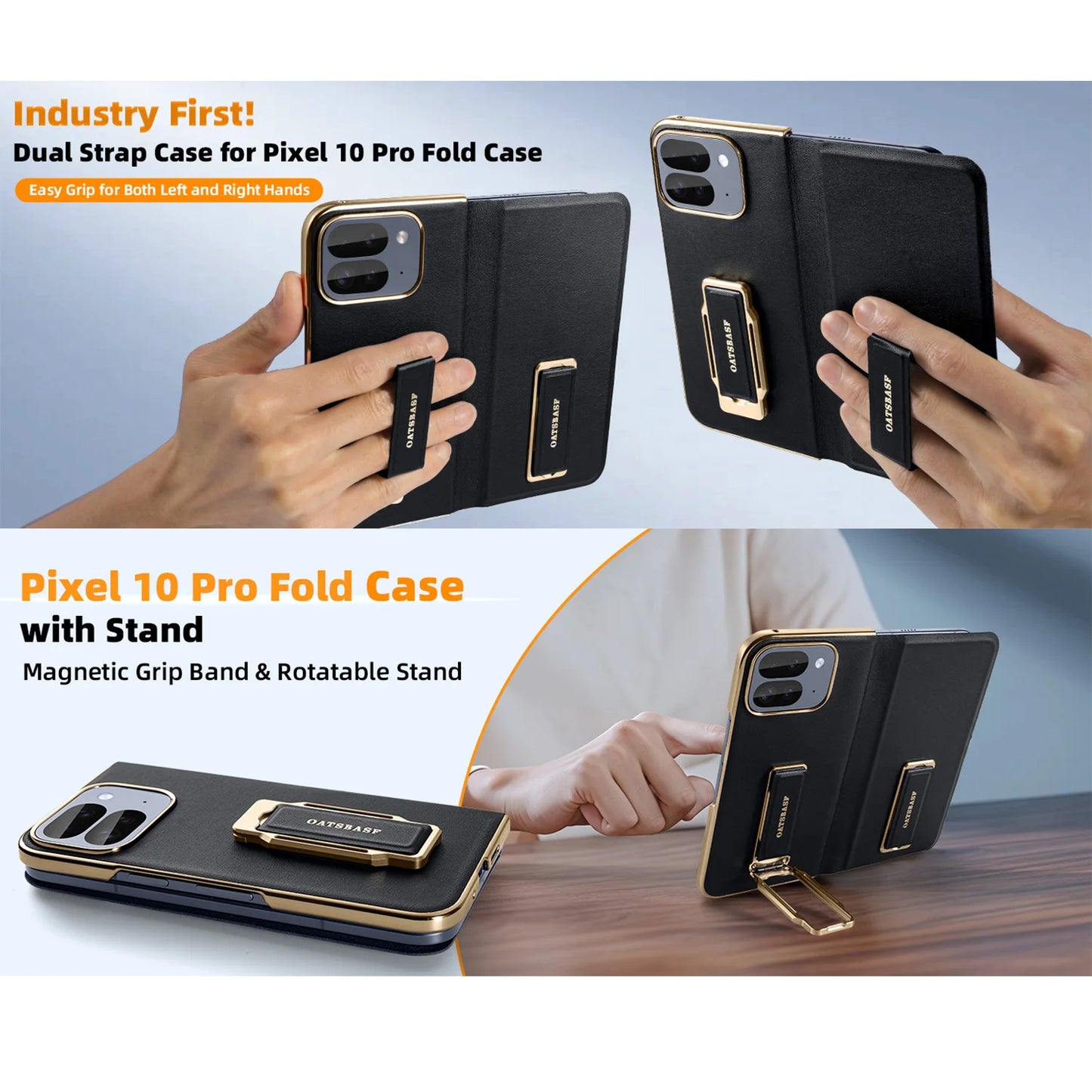 Eary for Google Pixel 10 Pro Fold Phone Case & 360°Rotatable Stand Magnetic Grip Band Leather Cover Shockproof Dual Strap Shells
