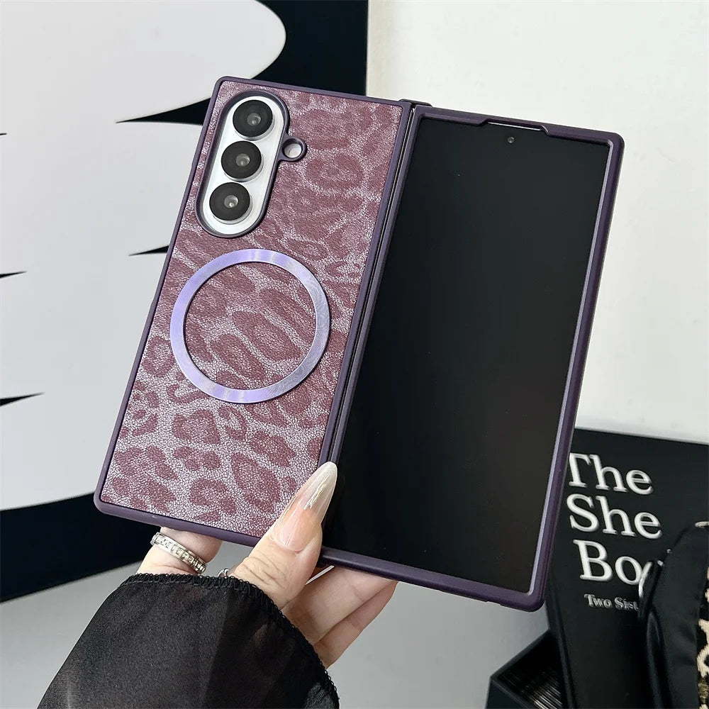 Luxury Gradient Leopard Pattern For Magsafe Magnetic Phone Case for Samsung Z Fold 7 6 5 4 3 Wireless Charging Protective Cover