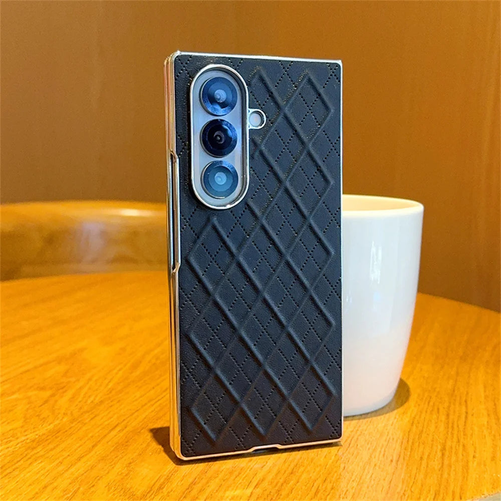 Luxury Lattice Leather Plating Phone Case For Samsung Z Fold 7 6 5 4 3 2 5G Shockproof Bumper Protection Solid Color Back Cover