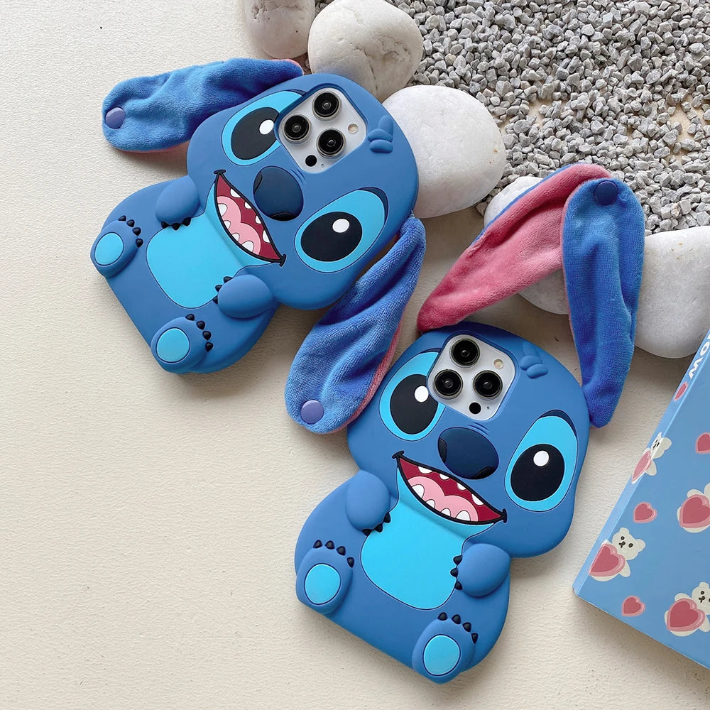 For iPhone 15 Pro Max 11 12 Pro Max 14 Pro 14 Plus 13 16 Kawaii Sit Stitch Big Ear Button Strap Cartoon Silicon Soft Phone Case