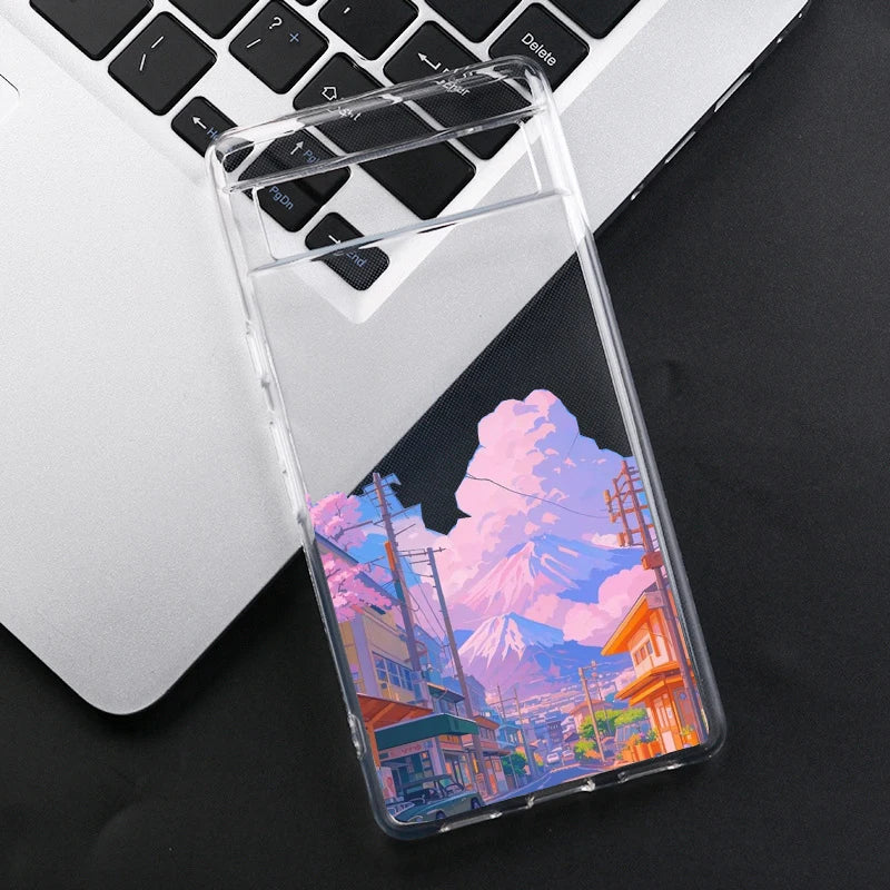 Japan Anime Fuji Mountain Landscape Phone Case For Google Pixel 8A 9 Pro XL 8 Pro 6A 6 7 10 Scenery Clear Soft TPU Cover Fundas
