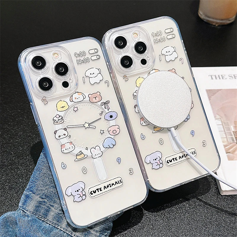 Cute Cartoon Animal Dog Cat Magsafe Clear Phone case For iPhone 11 12 13 14 15 16 Pro Max Plus Wireless Charging Magnetic Cover