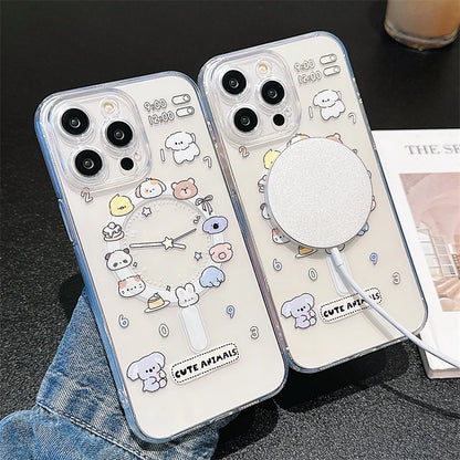 Cute Cartoon Animal Dog Cat Magsafe Clear Phone case For iPhone 11 12 13 14 15 16 Pro Max Plus Wireless Charging Magnetic Cover