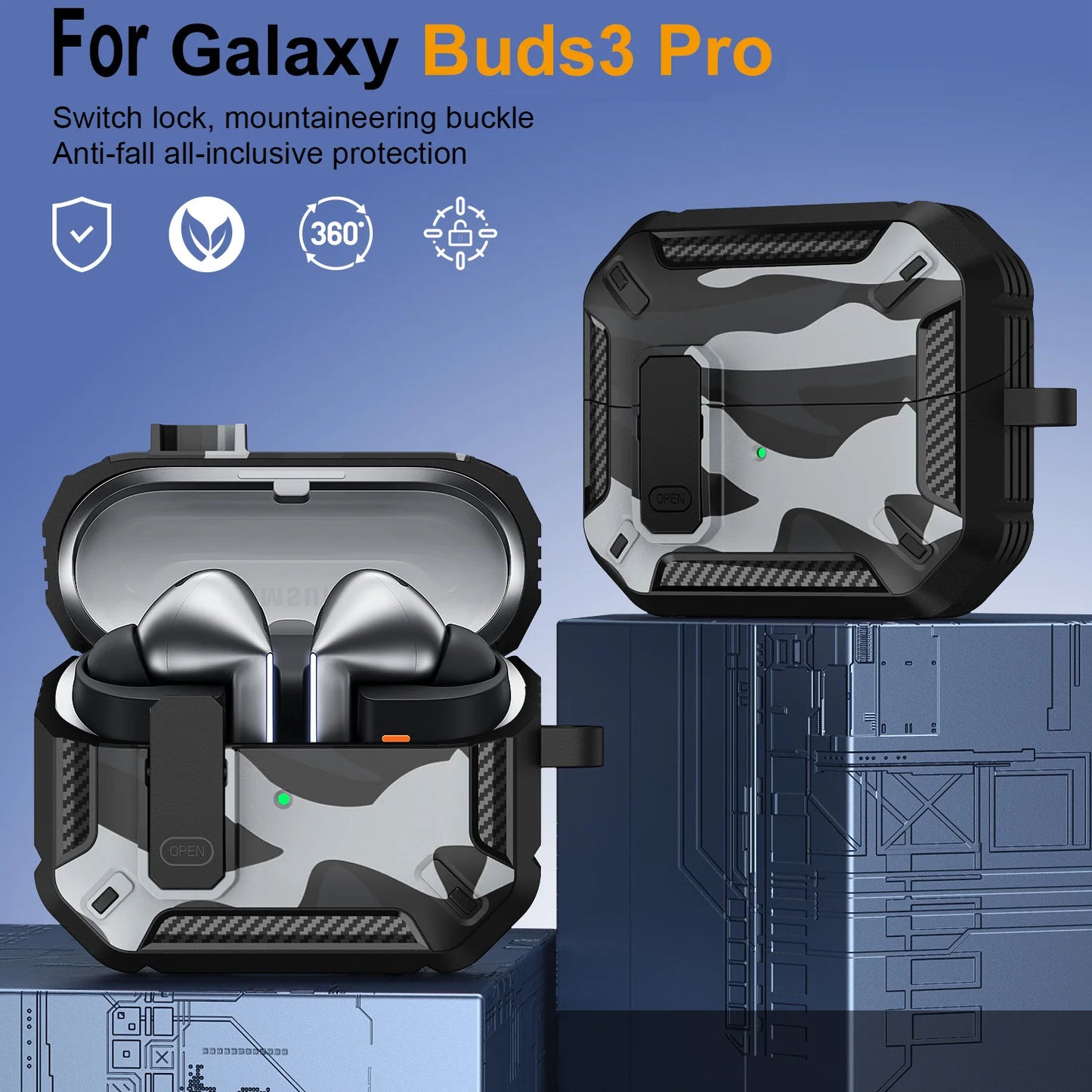 Stylish Camouflage Cover For Samsung Galaxy Buds 3 Pro Buds3 Pro Buzz 3 Pro Case With Lock Rugged Shell Armor Shockproof Sleeve