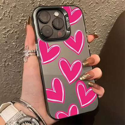Luxury Love Heart Electroplate Silver IMD Case For iPhone 15 14 16 Pro Max Plus 11 12 13 Pro 7 8 Plus X XR Shockproof Back Cover