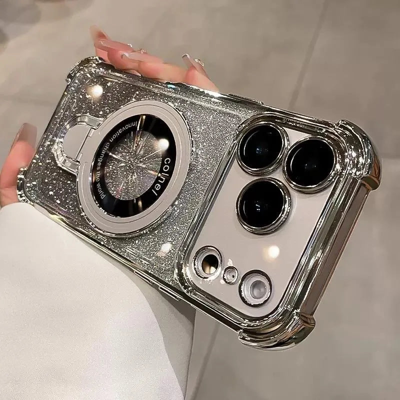 Plating for Magsafe Glitter Bracket Case for iPhone 17 16 15 Pro Max 14 Plus Air 11 12 13 Gradient Stand Airbag Shockproof Cover