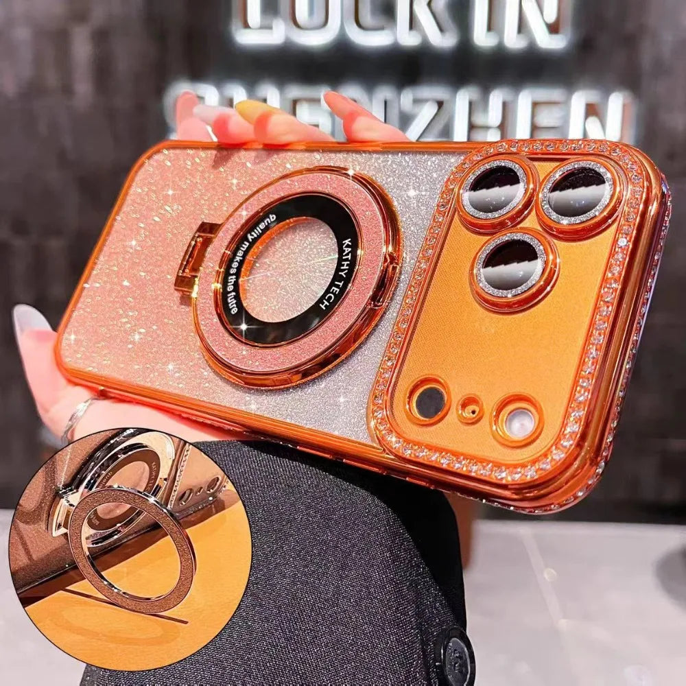 Suitable for iPhone17/16/15/14/13/12/11 Case With Lens Film 16 Anti-drop 15 Rhinestone Glitter Magnetic Stand