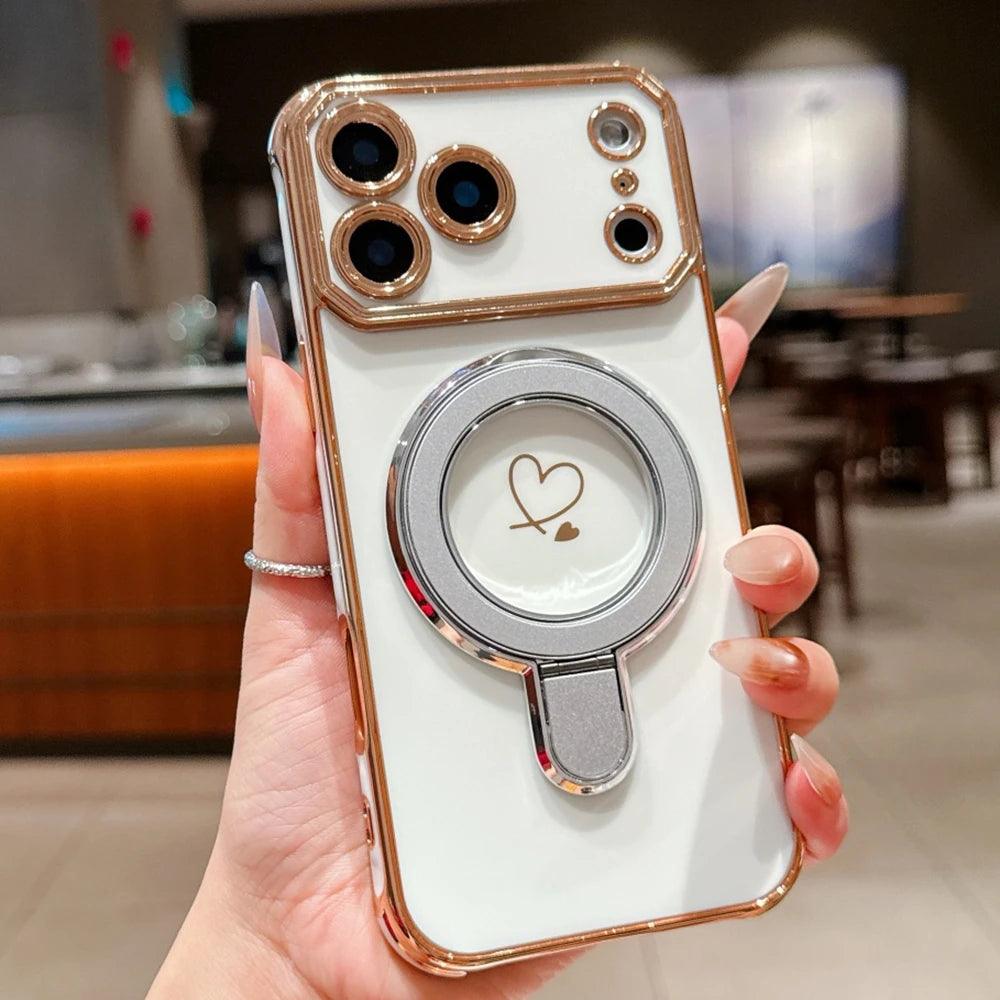 Luxury Plating Love Heart Airbag Bracket Phone Case For iPhone 17 16 15 14 13 Pro Max Plus Air Stand Holder Protection New Cover