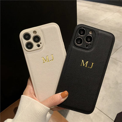 Personalised Customized Name Case For iPhone 16 15 14 13 12 11 Pro Max Initials Letters Leather DIY Cover 13 14 15 16 Pro Max - covers4phones
