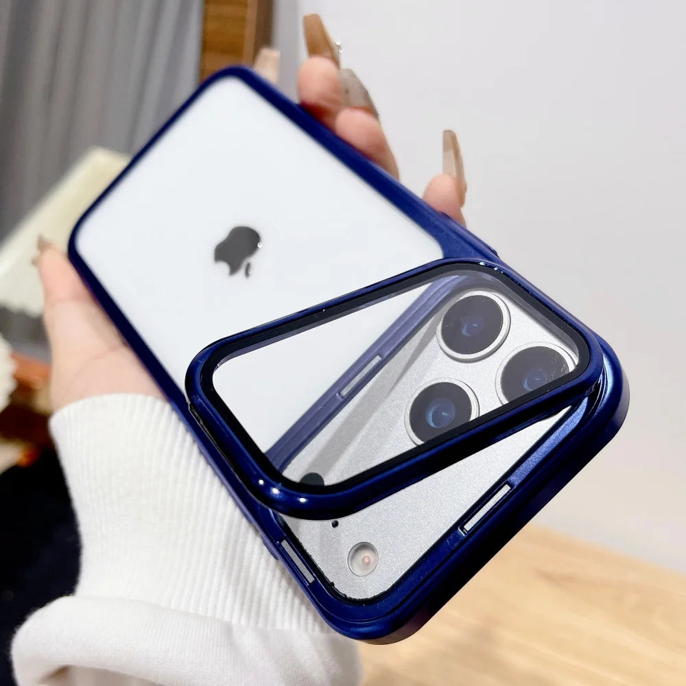 Plating Fold Glass Camera Stand Holder Phone Case For iPhone 17 17Pro 17Air 17 Pro Max Ultra Thin Transparent Shockproof Cover
