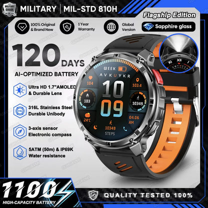 2026 New T-Rex 3 Ultra 1100mAh Military Smart Watch Men 5ATM Waterproof 1.7" AMOLED Screen Bluetooth Call Compass LED Flashlight