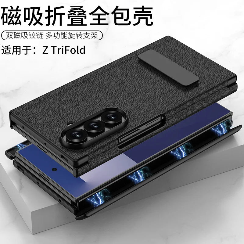 For Samsung Z Tri-Fold Phone Case TRIFOLD Dual Hinge Magnetic + Rotating Stand Z TRI-FOLD Leather Full Coverage Protection Cover