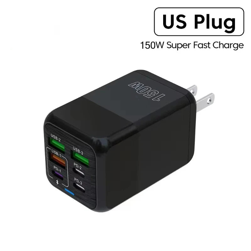 New 150W Fast Charger Mobile Phone Wall Adapter 3Type-C+3USB Multi Port Adapter Super Fast Charging for iPhone Samsung Huawei