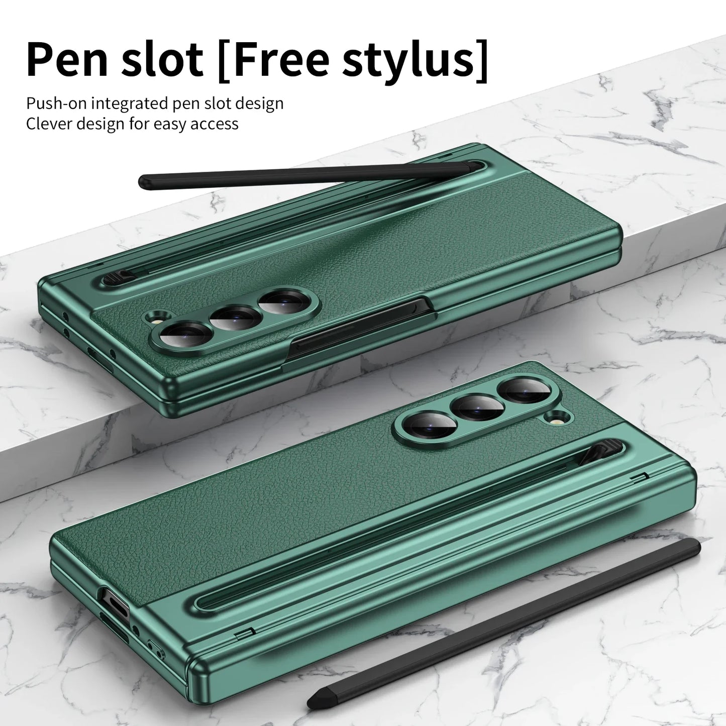 With Touch Pen For Samsung Galaxy Z Fold 7 6 5 4 3 TriFold Case Leather Plating Hinge 360 Full Screen Protector Folding Cover