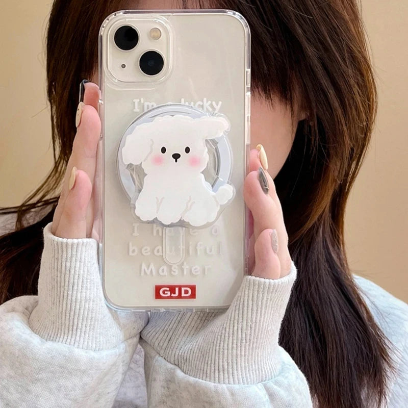 Korea Cute White Dog For Magsafe Magnetic Phone Grip Tok Griptok Stand For iPhone 15 Foldable Wireless Charging Case Holder Ring
