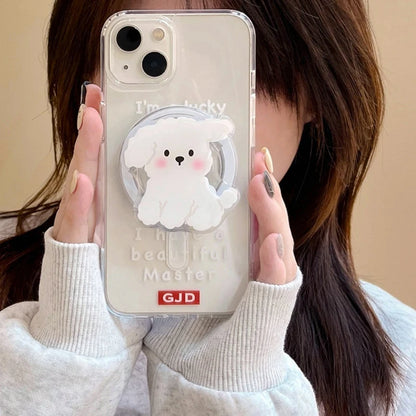 Korea Cute White Dog For Magsafe Magnetic Phone Grip Tok Griptok Stand For iPhone 15 Foldable Wireless Charging Case Holder Ring