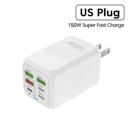 New 150W Fast Charger Mobile Phone Wall Adapter 3Type-C+3USB Multi Port Adapter Super Fast Charging for iPhone Samsung Huawei