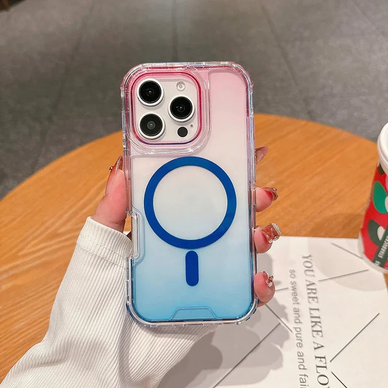 Heavy Duty Hard 3IN1 Gradient Shockproof Magnetic Case For iPhone 16 15 14 13 12 11 Pro Max Plus Magsafe Wireless Charging Cover