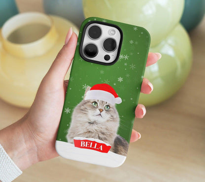 Pet Christmas Phone Case with Custom Photo, Personalized Dog Cat Name Portrait iPhone 16 15 14 Cover Xmas Festive Holiday Gift for Samsung - covers4phones