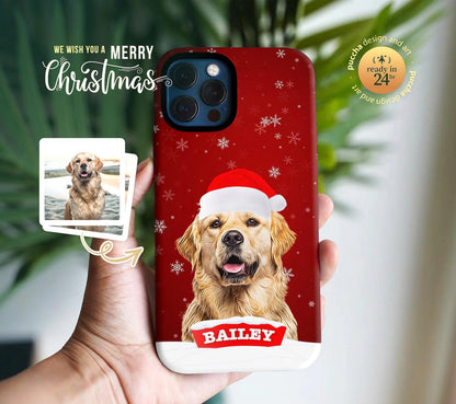 Pet Christmas Phone Case with Custom Photo, Personalized Dog Cat Name Portrait iPhone 16 15 14 Cover Xmas Festive Holiday Gift for Samsung - covers4phones