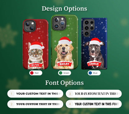 Pet Christmas Phone Case with Custom Photo, Personalized Dog Cat Name Portrait iPhone 16 15 14 Cover Xmas Festive Holiday Gift for Samsung - covers4phones