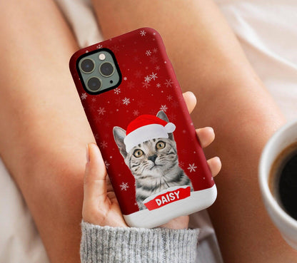 Pet Christmas Phone Case with Custom Photo, Personalized Dog Cat Name Portrait iPhone 16 15 14 Cover Xmas Festive Holiday Gift for Samsung - covers4phones